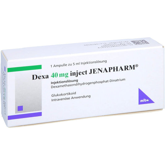 Das Produktfoto zeigt Dexa 40 Mg Inject Jenapharm Inj.-Lösung Amp. (1X5 ml) PZN 08704491
