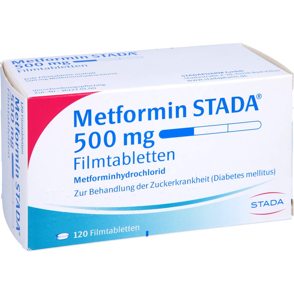 Das Produktfoto zeigt Metformin Stada 500 Mg Filmtabletten (120 stk) PZN 08714785