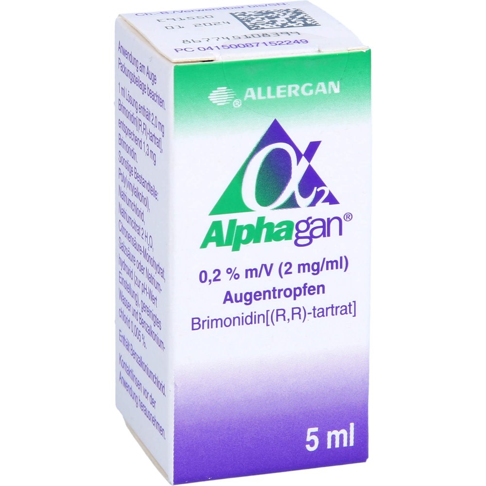Das Produktfoto zeigt Alphagan 0,2% M/V 2 Mg/Ml Augentropfen (5 ml) PZN 08715224