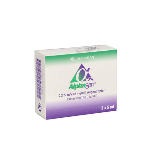 Das Produktfoto zeigt Alphagan 0,2% M/V 2 Mg/Ml Augentropfen (3X5 ml) PZN 08715230