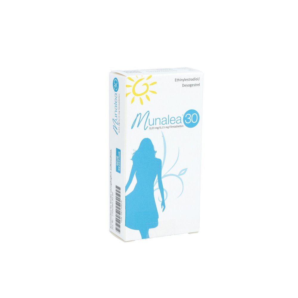 Das Produktfoto zeigt Munalea 30 0,03mg/0,15mg Filmtabletten (3X21 stk) PZN 08720828