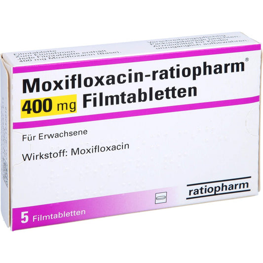 Das Produktfoto zeigt Moxifloxacin-Ratiopharm 400 Mg Filmtabletten (5 stk) PZN 08738679