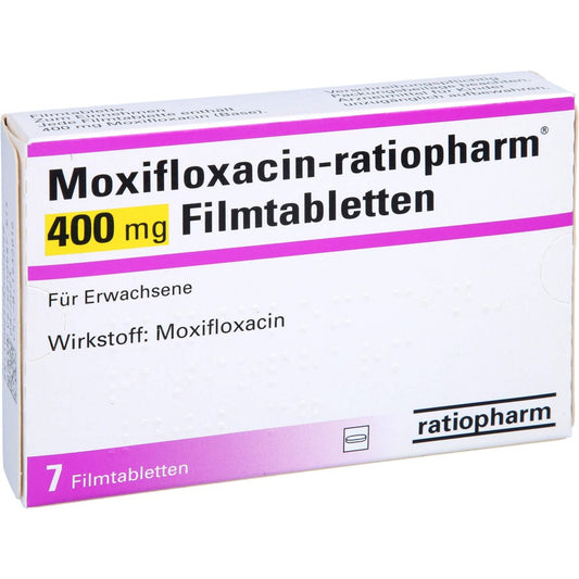 Das Produktfoto zeigt Moxifloxacin-Ratiopharm 400 Mg Filmtabletten (7 stk) PZN 08738685