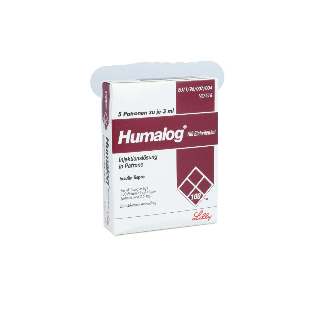 Das Produktfoto zeigt Humalog 100 E/Ml Patrone Injektionslösung (5X3 ml) PZN 08752484