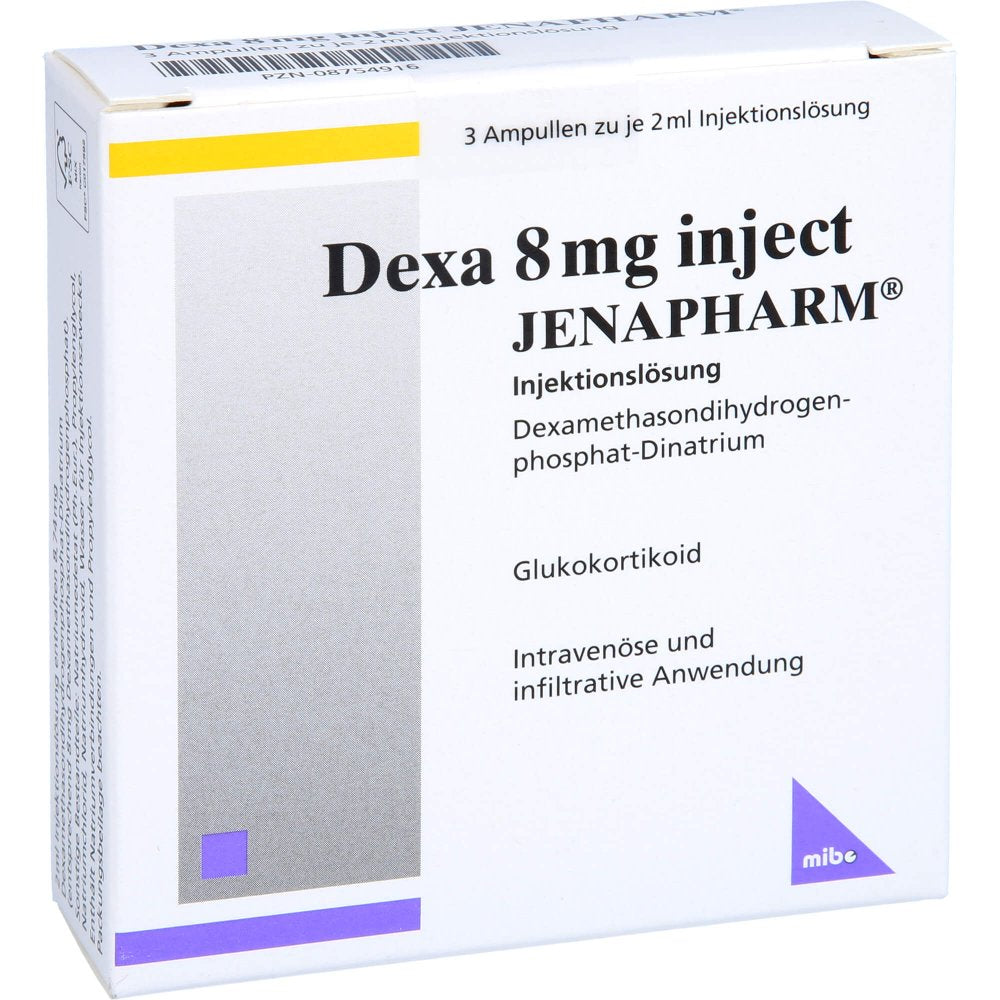 Das Produktfoto zeigt Dexa 8 Mg Inject Jenapharm Inj.-Lösung Amp. (3X2 ml) PZN 08754916