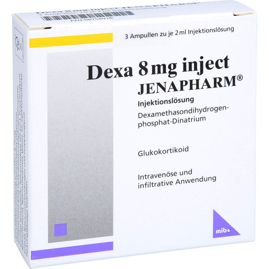 Das Produktfoto zeigt Dexa 8 Mg Inject Jenapharm Inj.-Lösung Amp. (3X2 ml) PZN 08754916