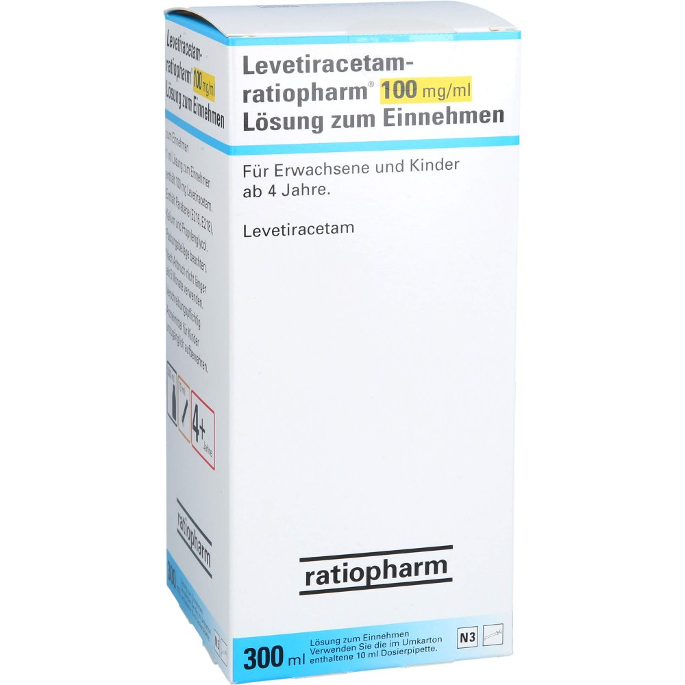 Das Produktfoto zeigt Levetiracetam-Ratio.100 Mg/Ml L.Z.E.10ml Dos.Spr. (300 ml) PZN 08755620