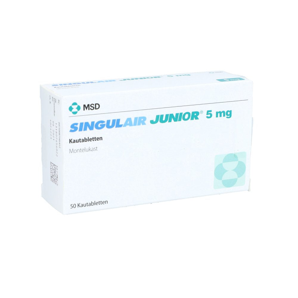 Das Produktfoto zeigt Singulair Junior 5 Mg Kautabletten (50 stk) PZN 08758541