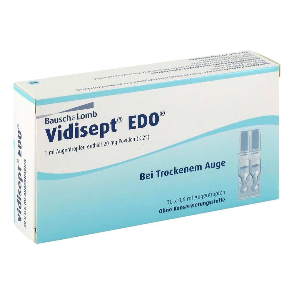Das Produktfoto zeigt Vidisept Edo Ein Dosis Ophtiolen (30X0.6 ml) PZN 08768769