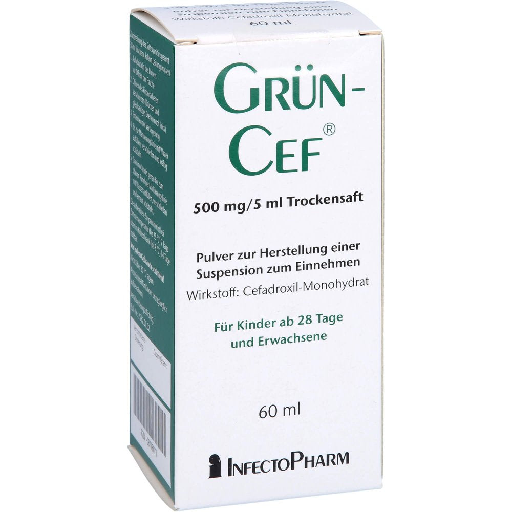 Das Produktfoto zeigt Grüncef 500 Mg/5 Ml Trockensaft Plv.Z.Susp.-Herst. (60 ml) PZN 08776071