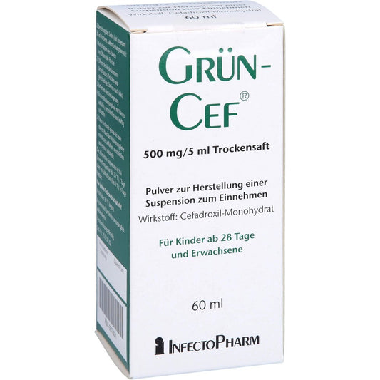 Das Produktfoto zeigt Grüncef 500 Mg/5 Ml Trockensaft Plv.Z.Susp.-Herst. (60 ml) PZN 08776071