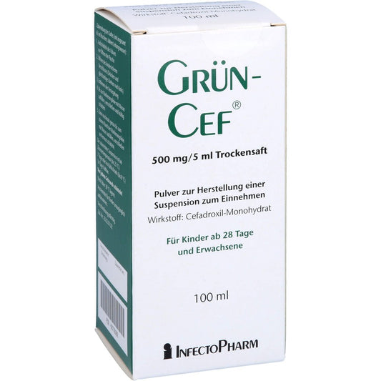 Das Produktfoto zeigt Grüncef 500 Mg/5 Ml Trockensaft Plv.Z.Susp.-Herst. (100 ml) PZN 08776088