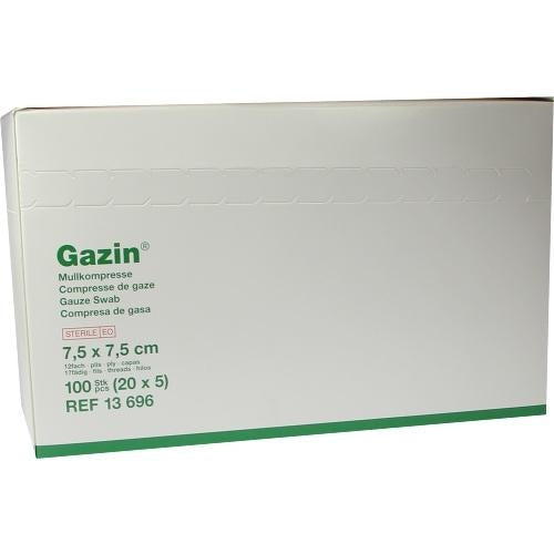 Das Produktfoto zeigt Gazin Mullkomp.7,5x7,5 Cm Steril 12fach Mittel (20X5 stk) PZN 08788915