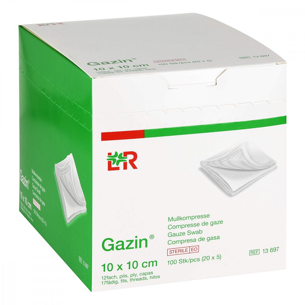Das Produktfoto zeigt Gazin Mullkomp.10x10 Cm Steril 12fach Groß (20X5 stk) PZN 08788921