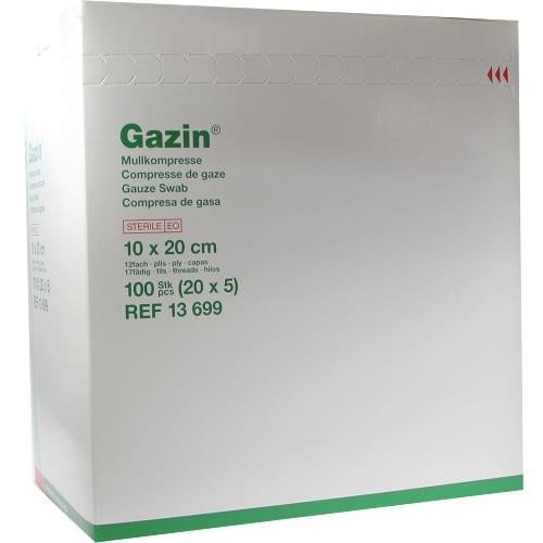 Das Produktfoto zeigt Gazin Mullkomp.10x20 Cm Steril 12fach Extra Groß (20X5 stk) PZN 08788938