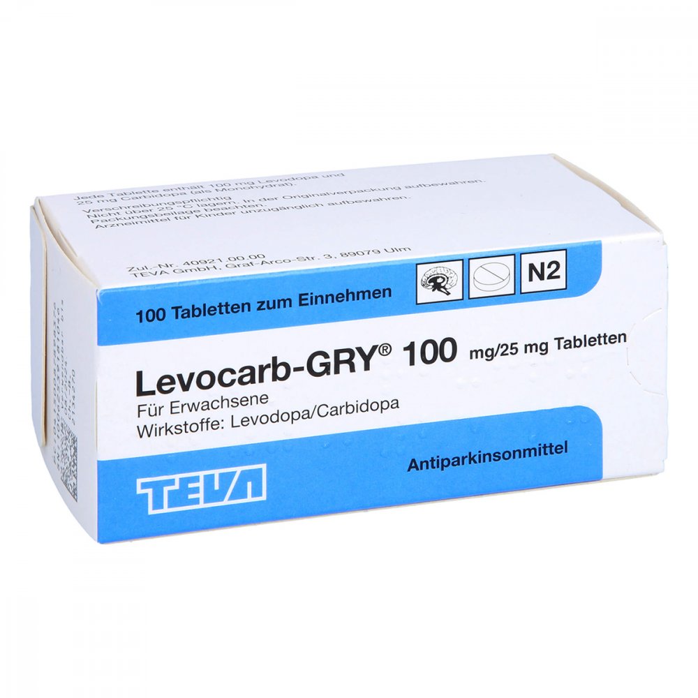 Das Produktfoto zeigt Levocarb Gry 100 Mg/25 Mg Tabletten (100 stk) PZN 08789837