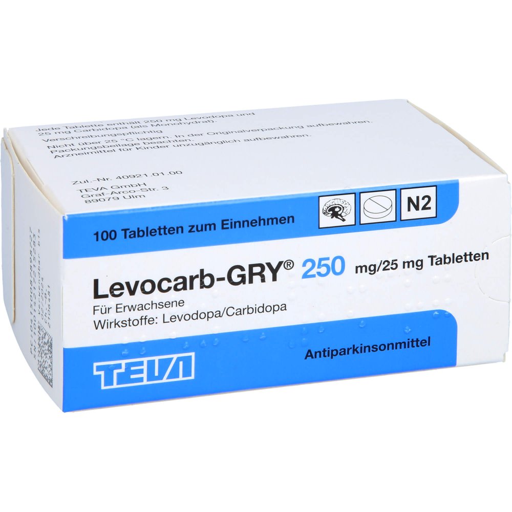 Das Produktfoto zeigt Levocarb Gry 250 Mg/25 Mg Tabletten (100 stk) PZN 08789872