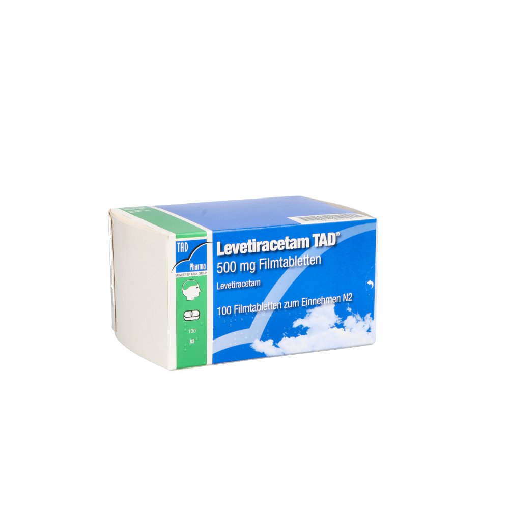 Das Produktfoto zeigt Levetiracetam Tad 500 Mg Filmtabletten (100 stk) PZN 08794318