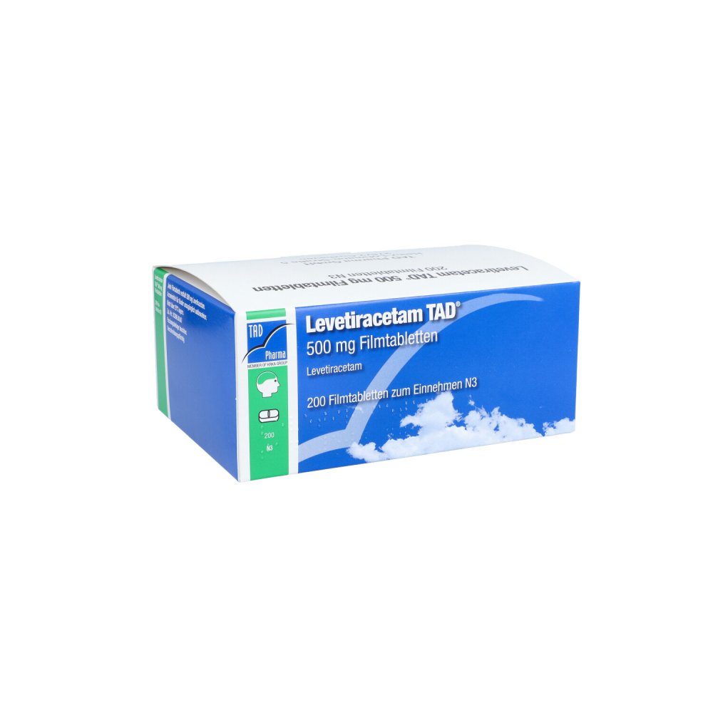 Das Produktfoto zeigt Levetiracetam Tad 500 Mg Filmtabletten (200 stk) PZN 08794324