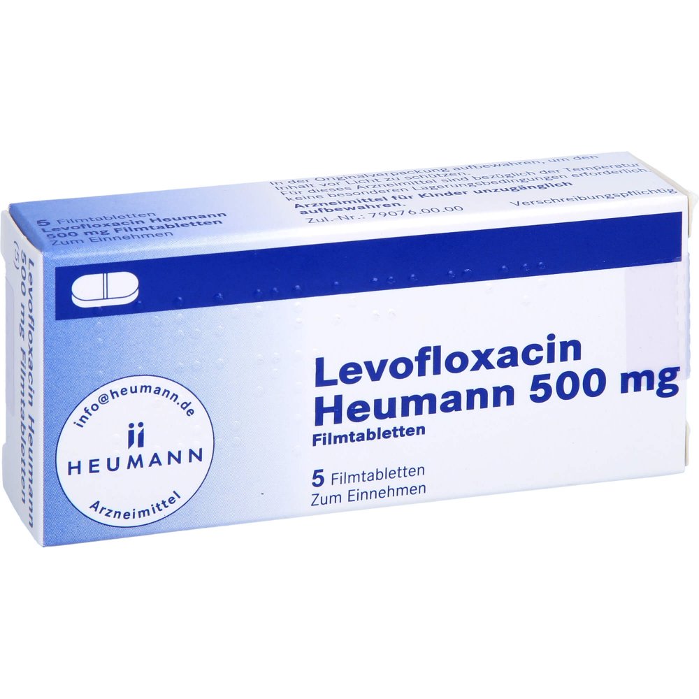 Das Produktfoto zeigt Levofloxacin Heumann 500 Mg Filmtabletten (5 stk) PZN 08806211