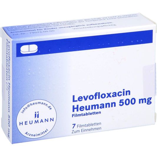 Das Produktfoto zeigt Levofloxacin Heumann 500 Mg Filmtabletten (7 stk) PZN 08806286