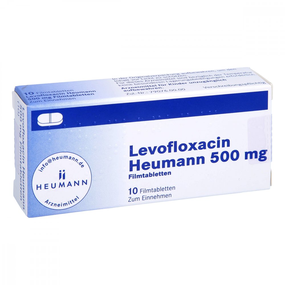 Das Produktfoto zeigt Levofloxacin Heumann 500 Mg Filmtabletten (10 stk) PZN 08806317
