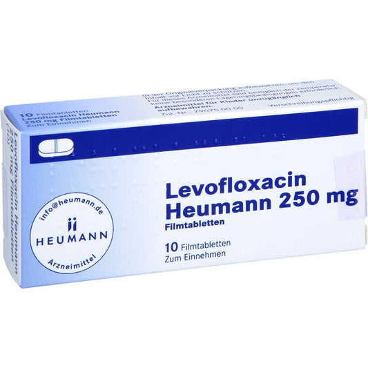 Das Produktfoto zeigt Levofloxacin Heumann 250 Mg Filmtabletten (10 stk) PZN 08806470