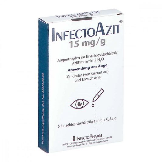 Das Produktfoto zeigt Infectoazit 15 Mg/G Augentropfen I.Einzeldosisbeh. (6X0.25 g) PZN 08813866
