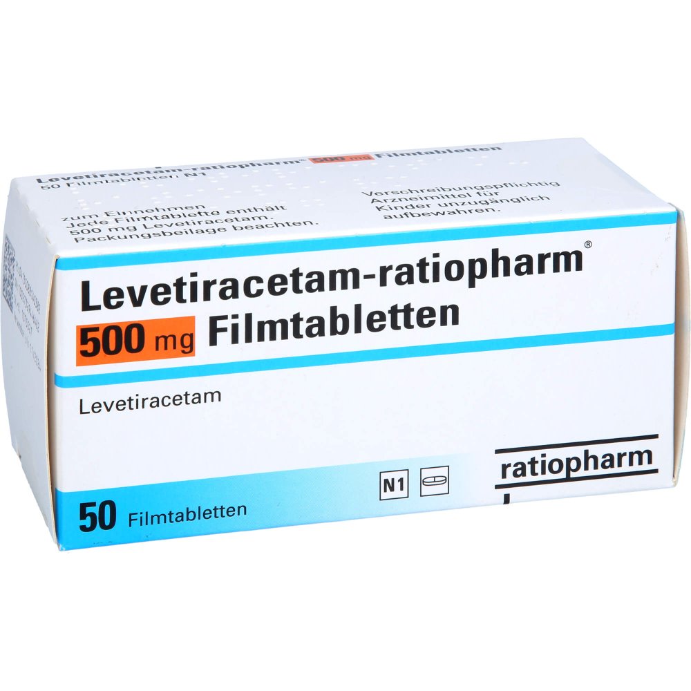 Das Produktfoto zeigt Levetiracetam-Ratiopharm 500 Mg Filmtabletten (50 stk) PZN 08814038