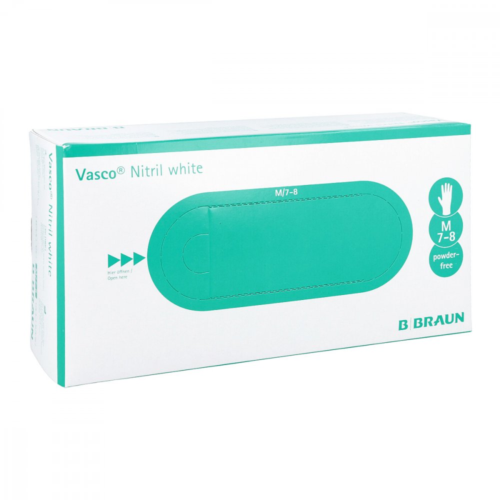 Das Produktfoto zeigt Vasco Nitril White Untersuchungshandschuhe M (150 stk) PZN 08815167