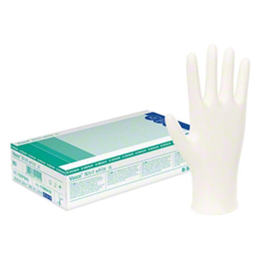 Das Produktfoto zeigt Vasco Nitril White Untersuchungshandschuhe S (150 stk) PZN 08815173