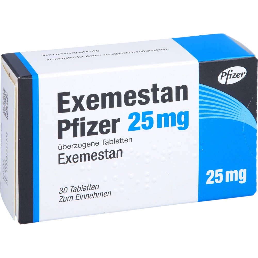 Das Produktfoto zeigt Exemestan Pfizer 25 Mg Überzogene Tabletten (30 stk) PZN 08819136