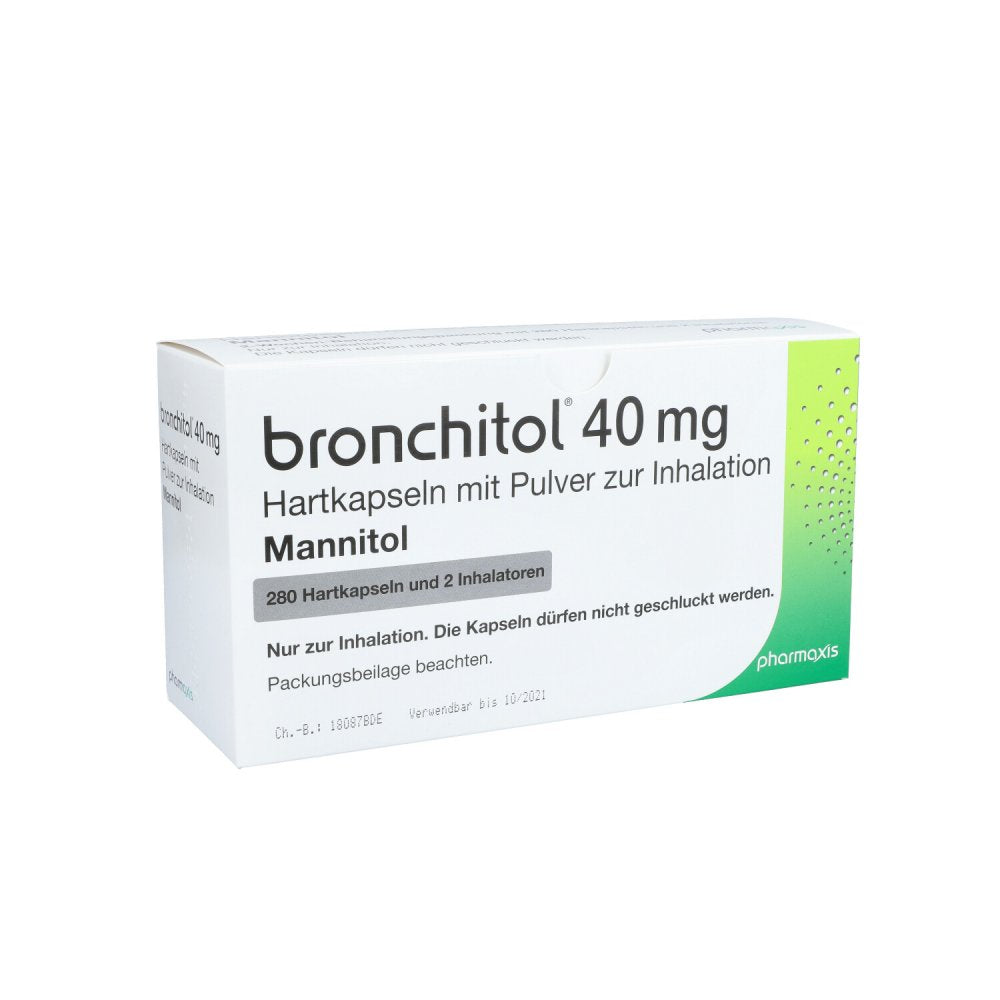 Das Produktfoto zeigt Bronchitol 40 Mg Hkp.M.Plv.Z.Inh. & 2 Inhalatoren (280 stk) PZN 08820435