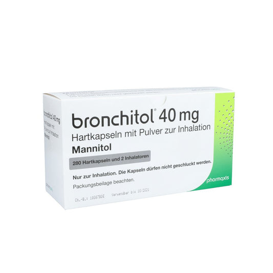 Das Produktfoto zeigt Bronchitol 40 Mg Hkp.M.Plv.Z.Inh. & 2 Inhalatoren (280 stk) PZN 08820435