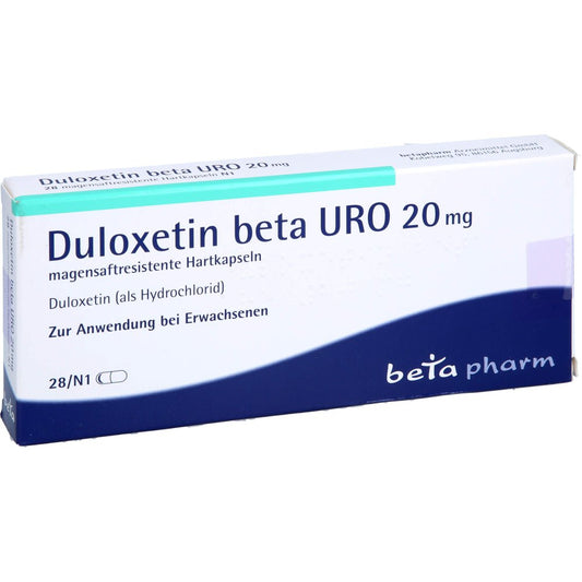 Das Produktfoto zeigt Duloxetin Beta Uro 20 Mg Magensaftres.Hartkapseln (28 stk) PZN 08833107