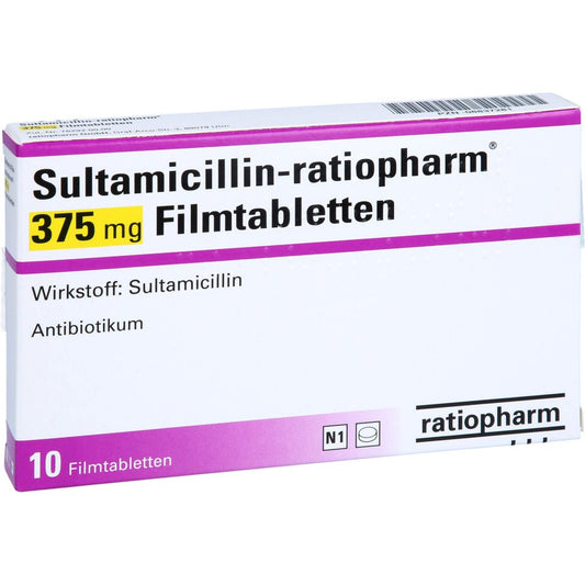 Das Produktfoto zeigt Sultamicillin-Ratiopharm 375 Mg Filmtabletten (10 stk) PZN 08837281