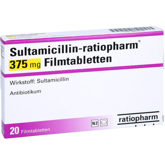 Das Produktfoto zeigt Sultamicillin-Ratiopharm 375 Mg Filmtabletten (20 stk) PZN 08837298
