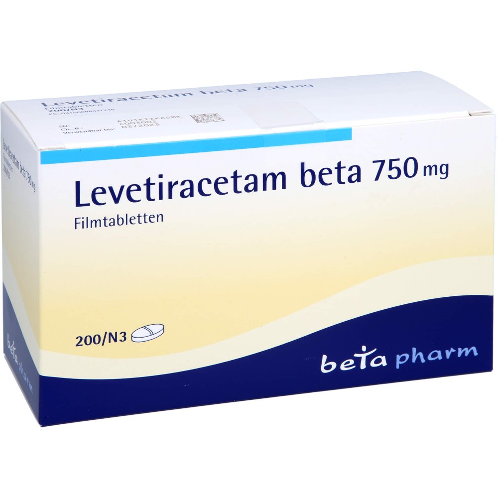 Das Produktfoto zeigt Levetiracetam Beta 750 Mg Filmtabletten (200 stk) PZN 08841124