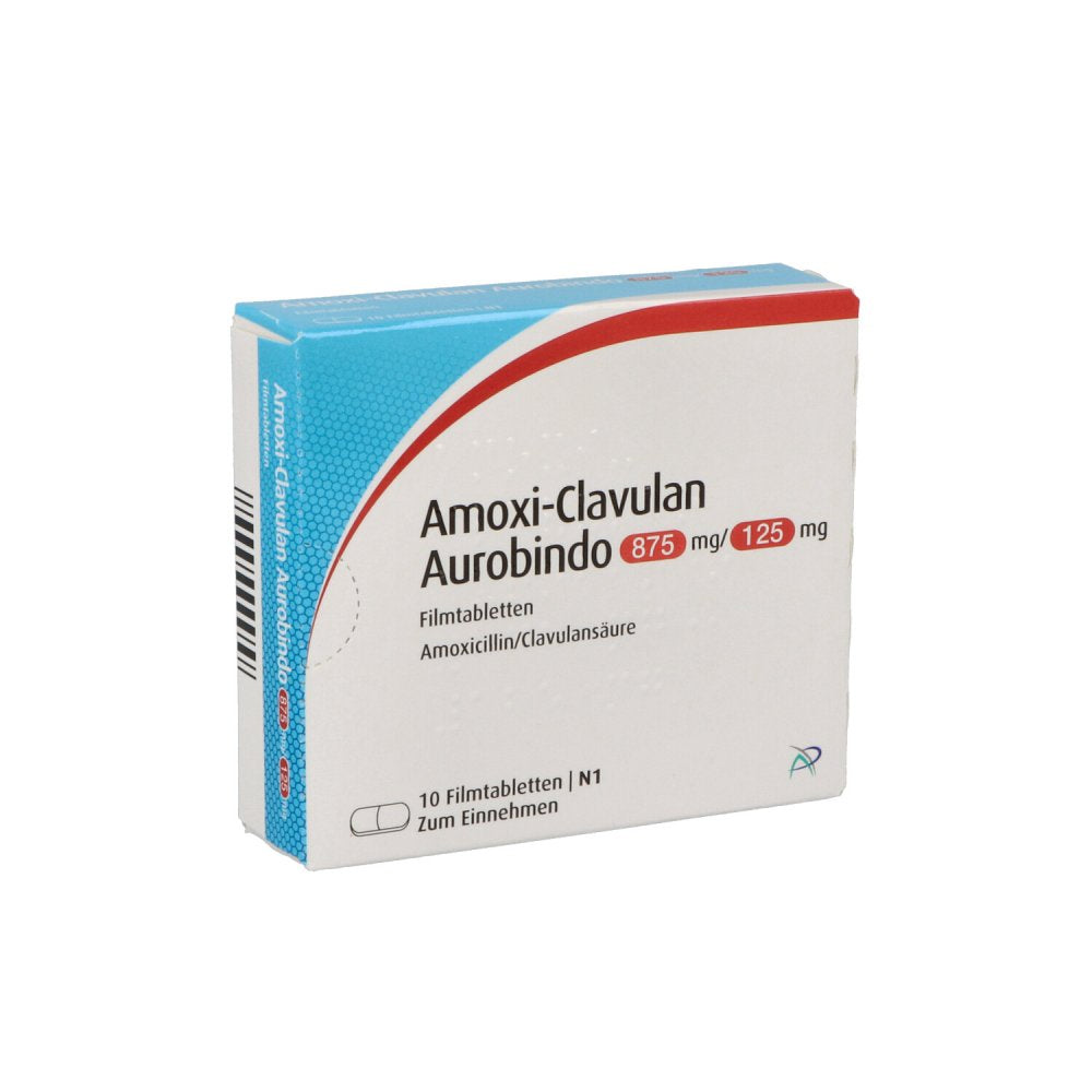 Das Produktfoto zeigt Amoxi Clavulan Aurobindo 875mg/125mg Filmtabletten (10 stk) PZN 08841199