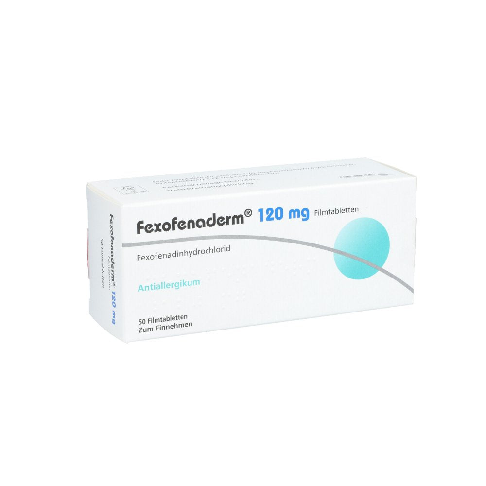 Das Produktfoto zeigt Fexofenaderm 120 Mg Filmtabletten (50 stk) PZN 08844134