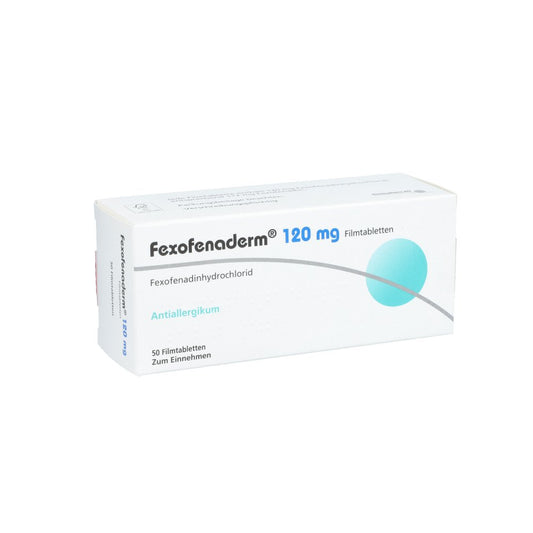 Das Produktfoto zeigt Fexofenaderm 120 Mg Filmtabletten (50 stk) PZN 08844134