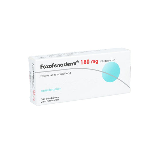 Das Produktfoto zeigt Fexofenaderm 180 Mg Filmtabletten (20 stk) PZN 08844163