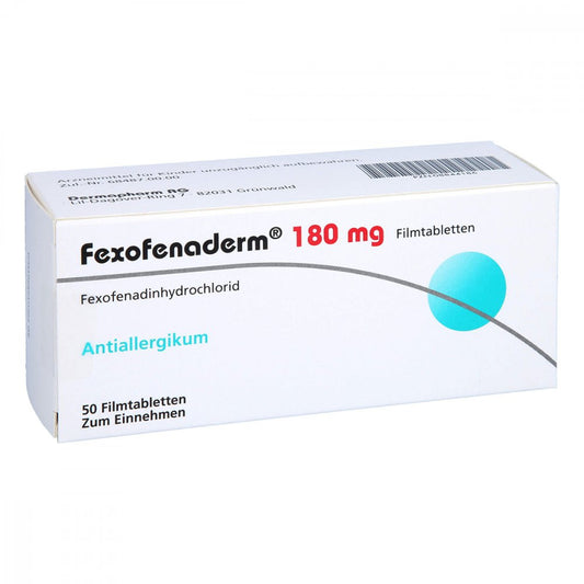 Das Produktfoto zeigt Fexofenaderm 180 Mg Filmtabletten (50 stk) PZN 08844186