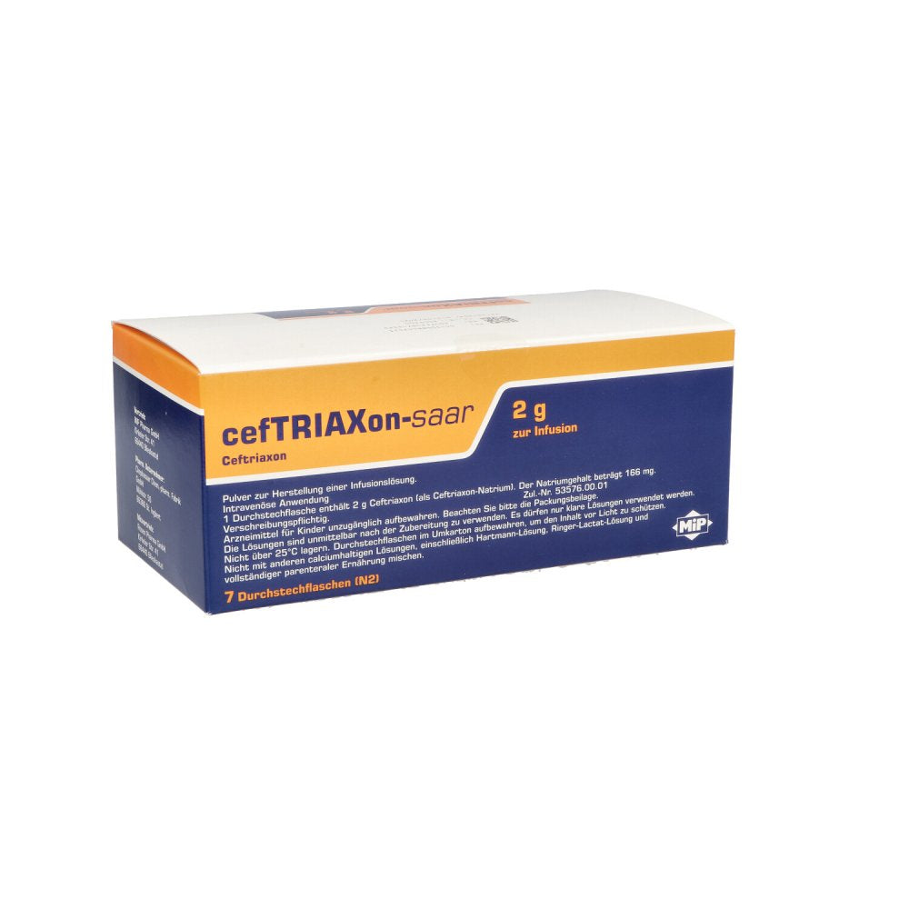 Das Produktfoto zeigt Ceftriaxon-Saar Zur Infusion 2 G P.Z.H.E.Inf.-Lsg. (7 stk) PZN 08844252