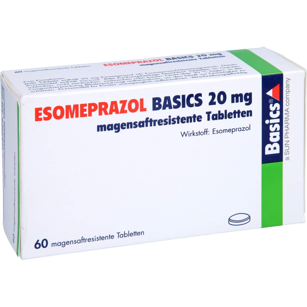 Das Produktfoto zeigt Esomeprazol Basics 20 Mg Magensaftres.Tabletten (60 stk) PZN 08845211