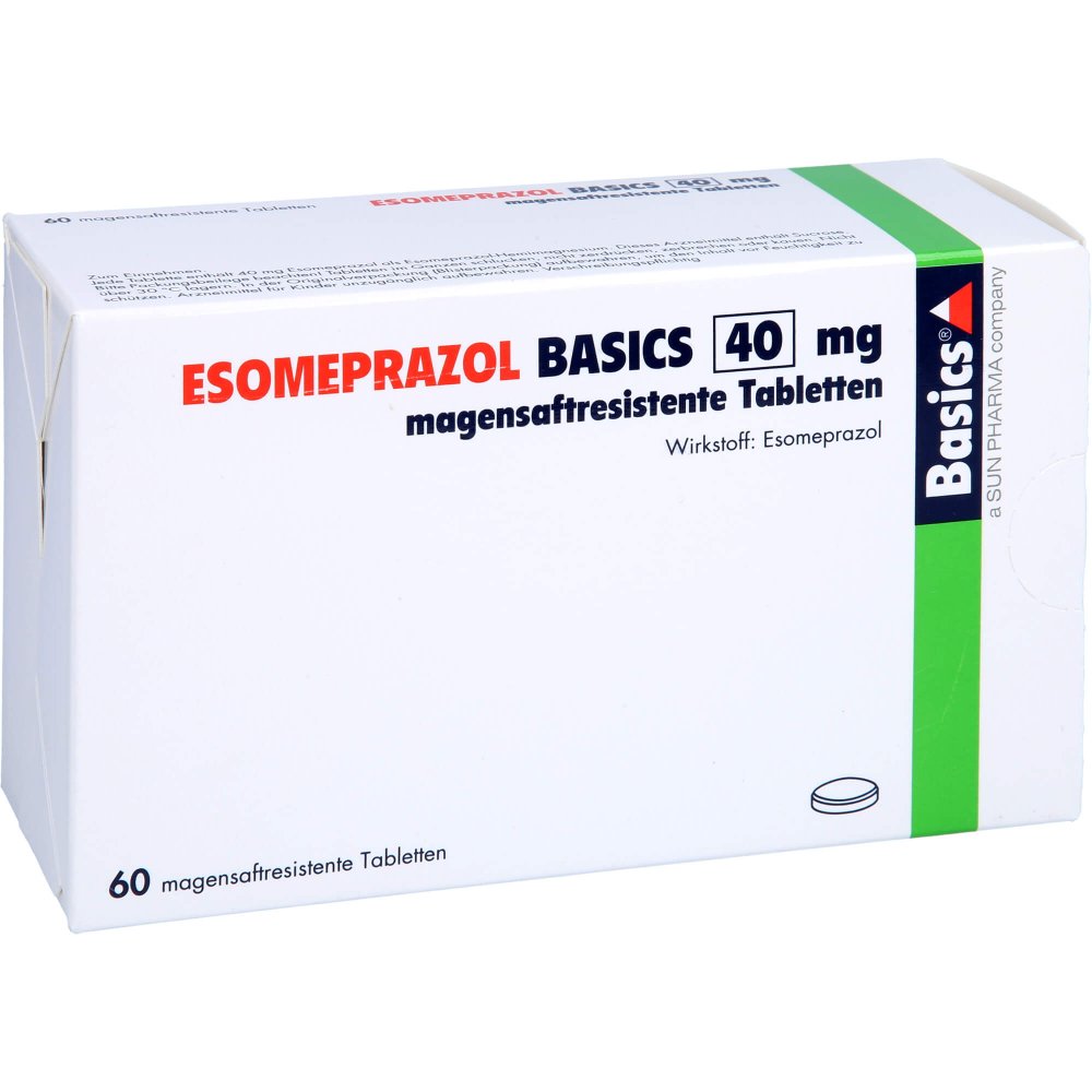 Das Produktfoto zeigt Esomeprazol Basics 40 Mg Magensaftres.Tabletten (60 stk) PZN 08845240