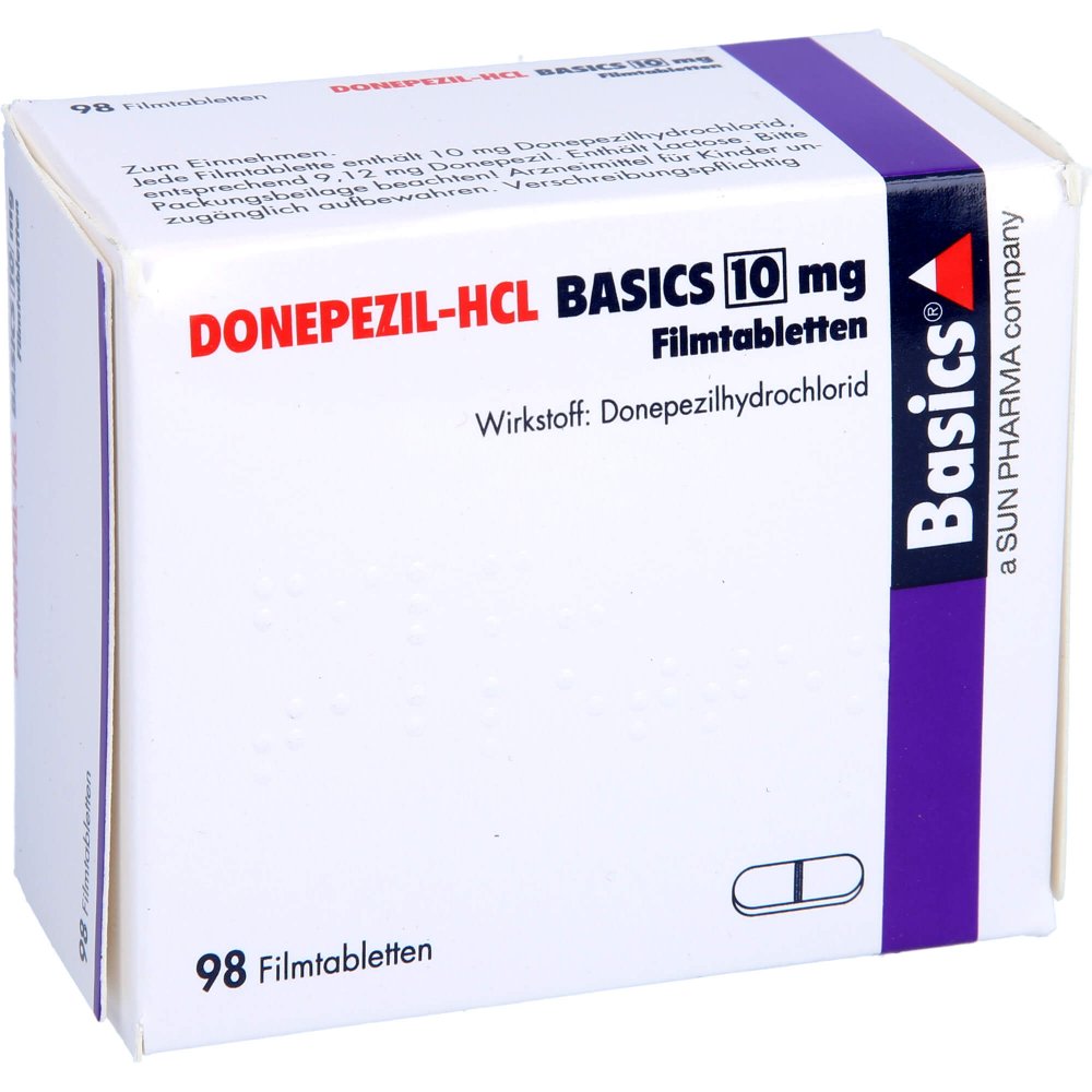 Das Produktfoto zeigt Donepezil-Hcl Basics 10 Mg Filmtabletten (98 stk) PZN 08845300