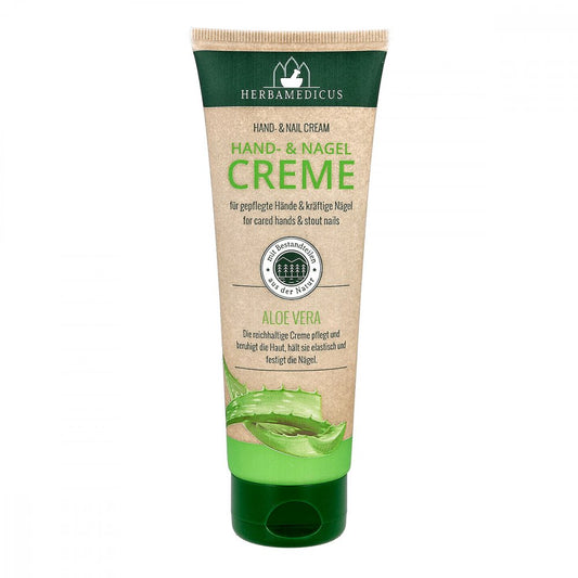 Das Produktfoto zeigt Hand Und Nagelcreme Mit Aloe Vera Herbamedicus (125 ml) PZN 08847144