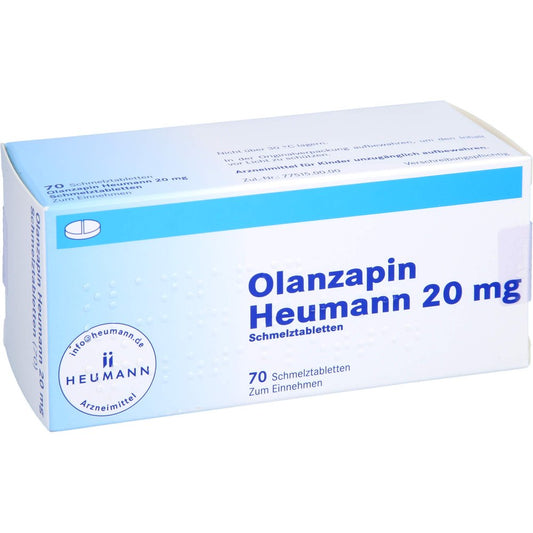 Das Produktfoto zeigt Olanzapin Heumann 20 Mg Schmelztabletten (70 stk) PZN 08850519