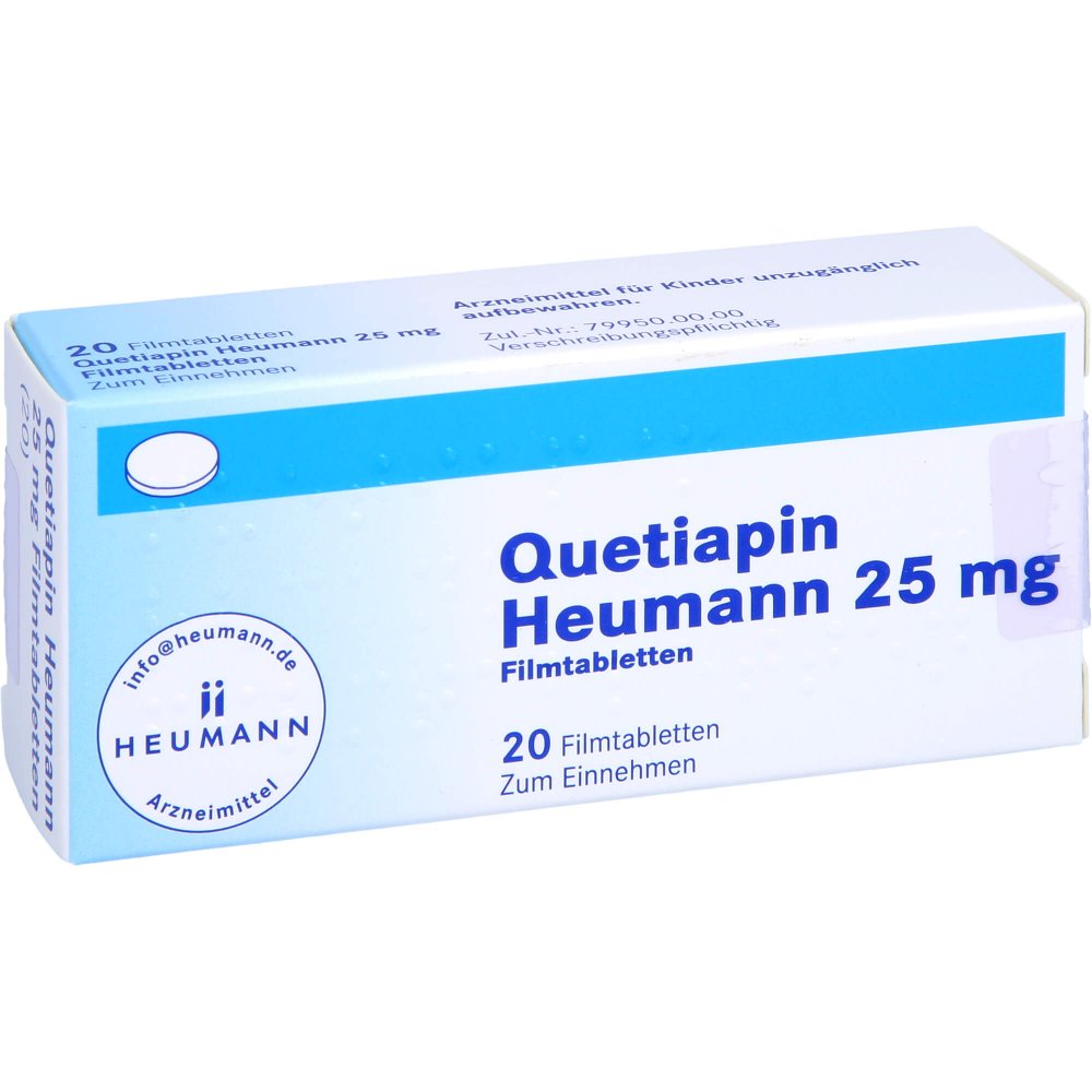 Das Produktfoto zeigt Quetiapin Heumann 25 Mg Filmtabletten (20 stk) PZN 08850620